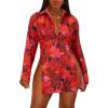 imageLYANER Womens Button Down Shirt Dress Collar V Neck Long Sleeve Slit Sexy Shirt DressesFloral Red