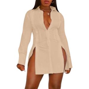 imageLYANER Womens Button Down Shirt Dress Collar V Neck Long Sleeve Slit Sexy Shirt DressesBeige