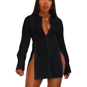 imageLYANER Womens Button Down Shirt Dress Collar V Neck Long Sleeve Slit Sexy Shirt DressesBlack