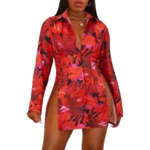 imageLYANER Womens Button Down Shirt Dress Collar V Neck Long Sleeve Slit Sexy Shirt DressesFloral Red