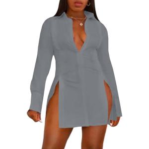 imageLYANER Womens Button Down Shirt Dress Collar V Neck Long Sleeve Slit Sexy Shirt DressesGray