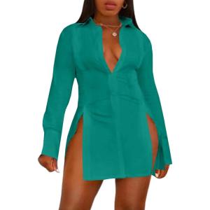 imageLYANER Womens Button Down Shirt Dress Collar V Neck Long Sleeve Slit Sexy Shirt DressesPeacock Green