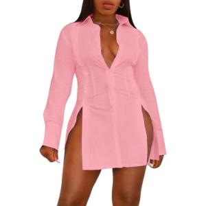 imageLYANER Womens Button Down Shirt Dress Collar V Neck Long Sleeve Slit Sexy Shirt DressesPink