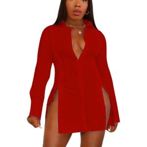 imageLYANER Womens Button Down Shirt Dress Collar V Neck Long Sleeve Slit Sexy Shirt DressesRed