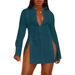 imageLYANER Womens Button Down Shirt Dress Collar V Neck Long Sleeve Slit Sexy Shirt DressesTeal Blue