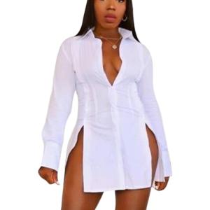imageLYANER Womens Button Down Shirt Dress Collar V Neck Long Sleeve Slit Sexy Shirt DressesWhite