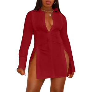 imageLYANER Womens Button Down Shirt Dress Collar V Neck Long Sleeve Slit Sexy Shirt DressesWine Red