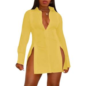 imageLYANER Womens Button Down Shirt Dress Collar V Neck Long Sleeve Slit Sexy Shirt DressesYellow