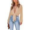 imageLYANER Womens Deep V Neck Long Sleeve Tie Front Knot Sexy Wrap Crop Top BlouseKhaki