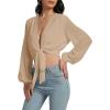 imageLYANER Womens Deep V Neck Long Sleeve Tie Front Knot Sexy Wrap Crop Top BlouseLight Khaki