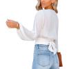 imageLYANER Womens Deep V Neck Long Sleeve Tie Front Knot Sexy Wrap Crop Top BlouseWhite