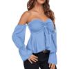 imageLYANER Womens Off Shoulder Drawstring Pleated Hem Long Sleeve Crop Blouse Shirt TopLight Blue