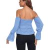 imageLYANER Womens Off Shoulder Drawstring Pleated Hem Long Sleeve Crop Blouse Shirt TopLight Blue