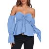 imageLYANER Womens Off Shoulder Drawstring Pleated Hem Long Sleeve Crop Blouse Shirt TopLight Blue