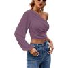 imageLYANER Womens Ruched One Shoulder Lantern Long Sleeve Crop Blouse Shirt TopDark Purple