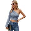 imageLYANER Womens Ruched One Shoulder Lantern Long Sleeve Crop Blouse Shirt TopDusty Blue