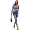 imageLYANER Womens Ruched One Shoulder Lantern Long Sleeve Crop Blouse Shirt TopDusty Blue