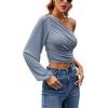 imageLYANER Womens Ruched One Shoulder Lantern Long Sleeve Crop Blouse Shirt TopDusty Blue