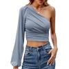 imageLYANER Womens Ruched One Shoulder Lantern Long Sleeve Crop Blouse Shirt TopDusty Blue