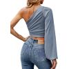 imageLYANER Womens Ruched One Shoulder Lantern Long Sleeve Crop Blouse Shirt TopDusty Blue