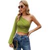 imageLYANER Womens Ruched One Shoulder Lantern Long Sleeve Crop Blouse Shirt TopGrass Green