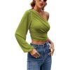 imageLYANER Womens Ruched One Shoulder Lantern Long Sleeve Crop Blouse Shirt TopGrass Green