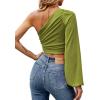 imageLYANER Womens Ruched One Shoulder Lantern Long Sleeve Crop Blouse Shirt TopGrass Green