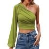 imageLYANER Womens Ruched One Shoulder Lantern Long Sleeve Crop Blouse Shirt TopGrass Green