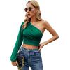 imageLYANER Womens Ruched One Shoulder Lantern Long Sleeve Crop Blouse Shirt TopGreen