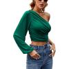 imageLYANER Womens Ruched One Shoulder Lantern Long Sleeve Crop Blouse Shirt TopGreen
