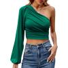 imageLYANER Womens Ruched One Shoulder Lantern Long Sleeve Crop Blouse Shirt TopGreen