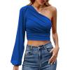 imageLYANER Womens Ruched One Shoulder Lantern Long Sleeve Crop Blouse Shirt TopRoyal Blue