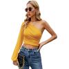 imageLYANER Womens Ruched One Shoulder Lantern Long Sleeve Crop Blouse Shirt TopYellow