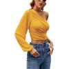 imageLYANER Womens Ruched One Shoulder Lantern Long Sleeve Crop Blouse Shirt TopYellow