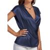 imageLYANER Womens Satin Silk Wrap V Neck Cap Sleeve Elegant Workwear Blouse Shirt TopNavy Blue