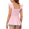imageLYANER Womens Square Neck Ruffle Cap Sleeve Smocked Peplum Top Babydoll Shirred Blouse Cami TankLight Pink