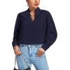 imageLYANER Womens V Neck Shirred Long Sleeve Office Elegant Tunic Blouse TopNavy Blue