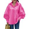 imageLYANER Womens Collar V Neck Lantern Long Sleeve Blouse Button Dwon Loose Shirt TopRose Red