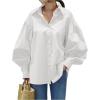 imageLYANER Womens Collar V Neck Lantern Long Sleeve Blouse Button Dwon Loose Shirt TopWhite