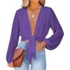 imageLYANER Womens Deep V Neck Long Sleeve Tie Front Knot Sexy Wrap Crop Top BlouseLilac