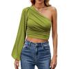imageLYANER Womens Ruched One Shoulder Lantern Long Sleeve Crop Blouse Shirt TopGrass Green