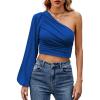 imageLYANER Womens Ruched One Shoulder Lantern Long Sleeve Crop Blouse Shirt TopRoyal Blue