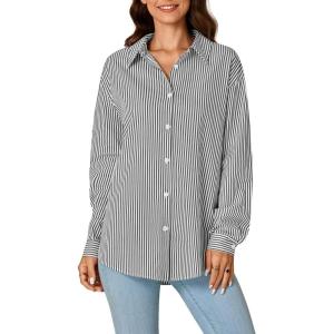 imageLYANER Womens Button Down Shirts Striped Classic Long Sleeve Collared V Neck Office Work Blouses TopsBlack