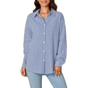 imageLYANER Womens Button Down Shirts Striped Classic Long Sleeve Collared V Neck Office Work Blouses TopsBlue