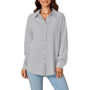 imageLYANER Womens Button Down Shirts Striped Classic Long Sleeve Collared V Neck Office Work Blouses TopsGray