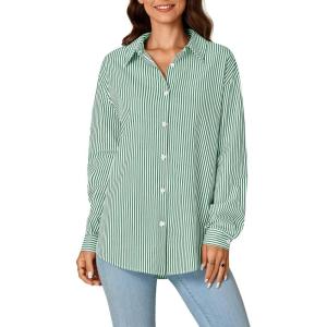 imageLYANER Womens Button Down Shirts Striped Classic Long Sleeve Collared V Neck Office Work Blouses TopsGreen