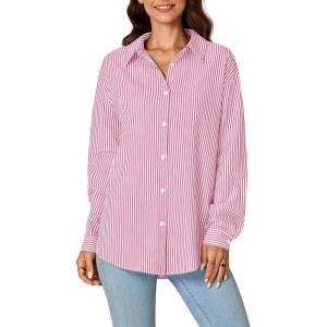 imageLYANER Womens Button Down Shirts Striped Classic Long Sleeve Collared V Neck Office Work Blouses TopsPink