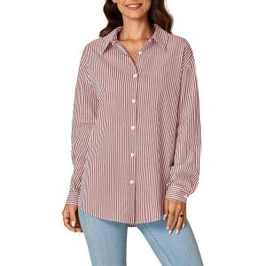 imageLYANER Womens Button Down Shirts Striped Classic Long Sleeve Collared V Neck Office Work Blouses TopsRed