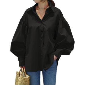 imageLYANER Womens Collar V Neck Lantern Long Sleeve Blouse Button Dwon Loose Shirt TopBlack