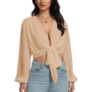 imageLYANER Womens Deep V Neck Long Sleeve Tie Front Knot Sexy Wrap Crop Top BlouseKhaki